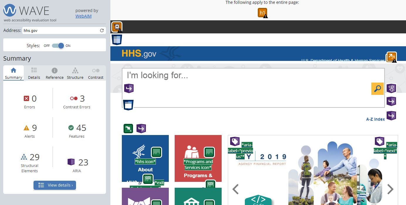 Screenshot of using WAVE tool on HHS.gov